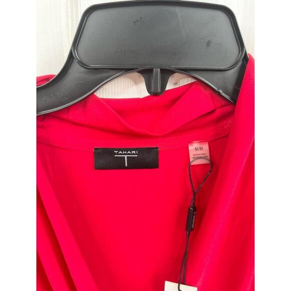 T TAHARI Blouse Size M Red Draped V Neck Short Sleeve Jersey Knit Faux Wrap Top - Picture 5 of 12